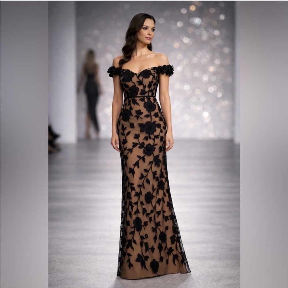Adrianna Papell Off Shoulder Black Floral Nude Mesh Illusion Gown NWT SZ 2 GALA - Picture 6 of 13